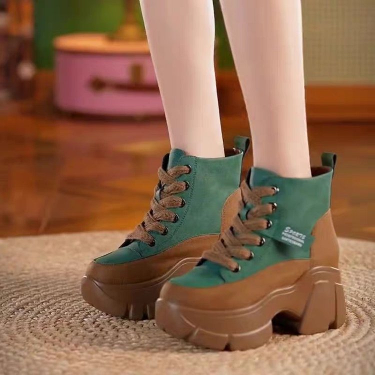 秋冬季新品厚底松糕底防滑高帮系带休闲女士拼色网红ins超火短靴