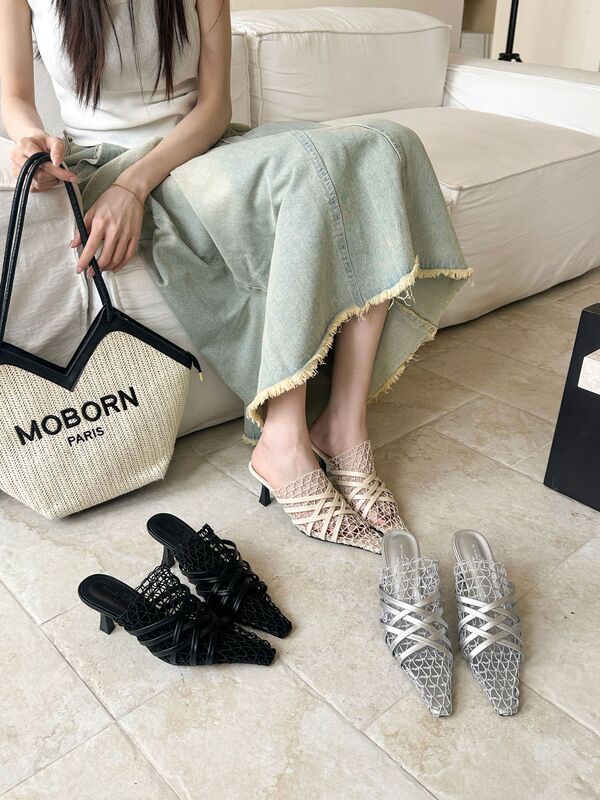 [Tax Not Included] Designer Style French Woven Hollow-Out Half-Slip Roman Sandals for Women with Thin High Heels and Open Back