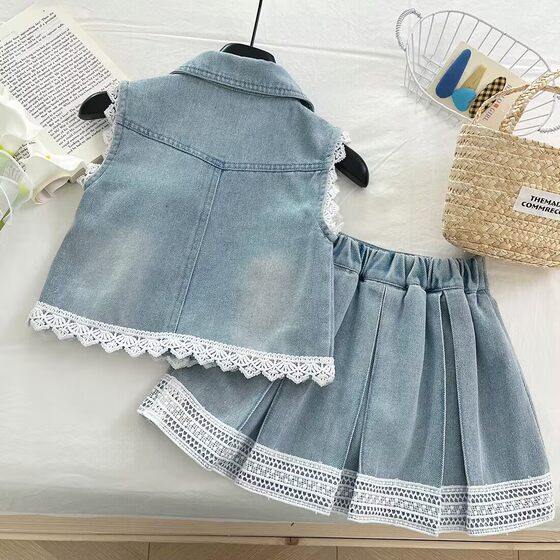 Girls' suit 2025 Summer New Lace Lace Denim Vest Top Skirt Baby Female Casual Two-piece Set