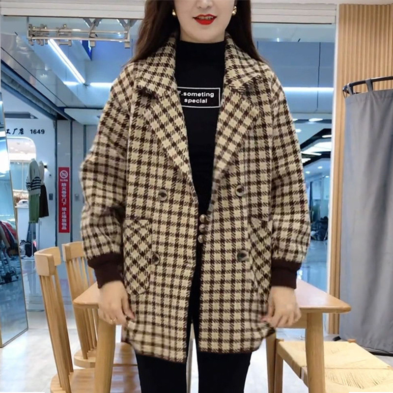 復古格子西裝領大衣女2025秋冬新款韓版時尚大碼寬鬆加厚毛呢外套