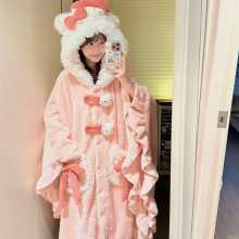 珊瑚绒睡衣女冬季高级感厚绒保暧长毛绒连帽睡袍卡通中长款斗篷袍