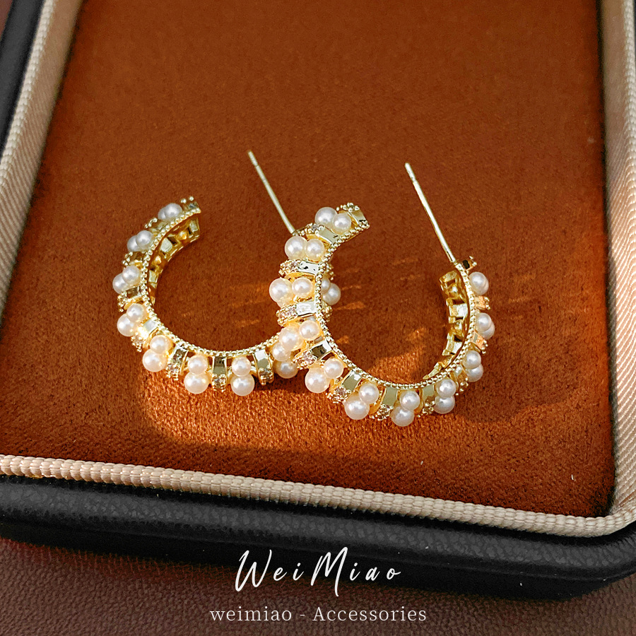 14k oro real chapado aguja de plata de diamante perla redonda perlas temperamento pendientes retro lujo ligero alta sensación de auriculares