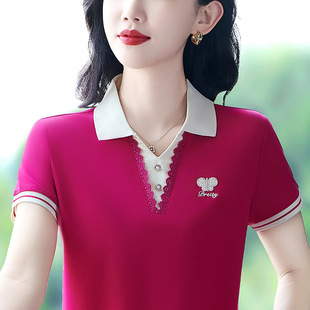 Middle-Aged Mother's Clothing Contrasting Color Lapel Casual Short-Sleeved Polo Shirt Women's Summer T-Shirt Western Style Embroidered Ice Silk Quick-Drying