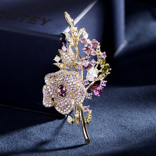 Korean heavy industry micro-encrusted zirconium corsage temperament flower zircon brooch evening dress accessories rose brooch for women