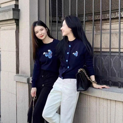 哥家商场同款女装2025秋季藏蓝色显瘦刺绣毛衣宽松羊绒针织衫外套