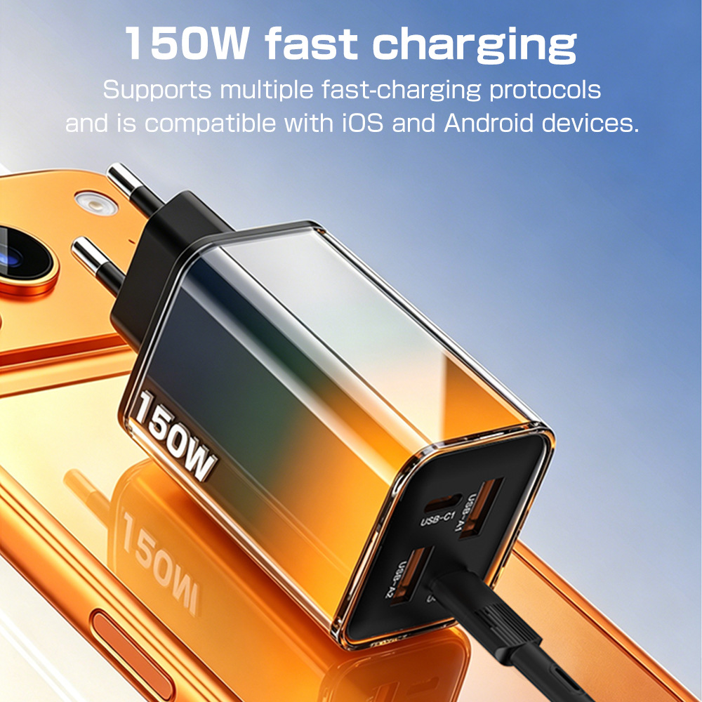หัวชาร์จแบบปรับแรงดัน 150W ชาร์จเร็ว พอร์ต USB สองช่อง + Type-C สองช่อง ใช้ได้กับโทรศัพท์ iPhone Huawei