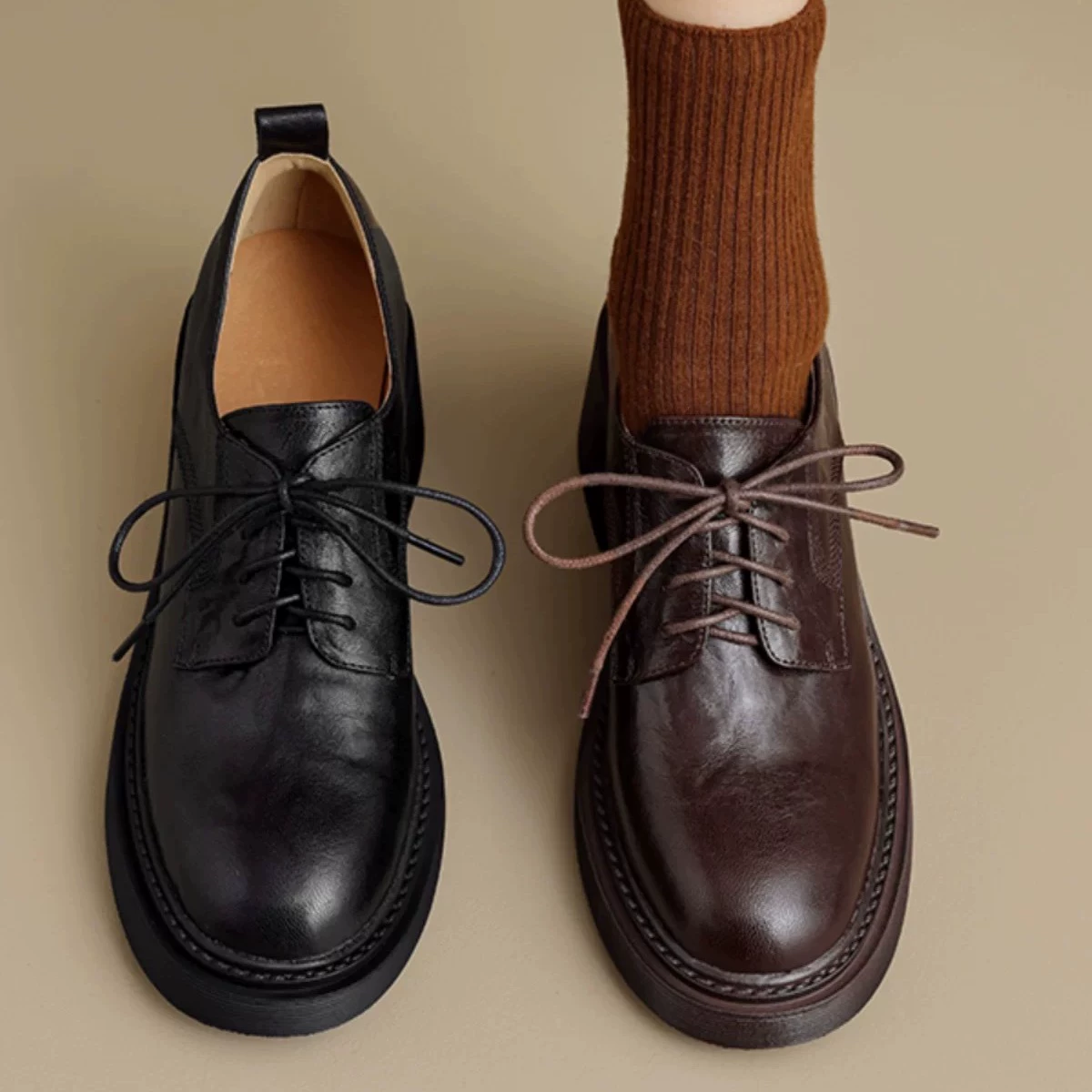 Туфли на высоком каблуке с мягким каблуком на мягкой подошве Le Fu женские весенние и осенние новые туфли с толстым шнурком на круглой голове