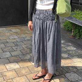 韩系设计感抽褶宽松格纹半身裙女松紧腰复古 A 字中长裙伞裙