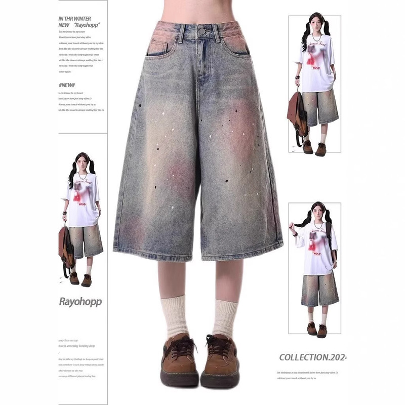 Cross-Border Foreign Trade American Hot Girl Splashing Ink Washed Distressed Three-Quarter Jeans Women's New Summer Loose Wide-Leg Shorts