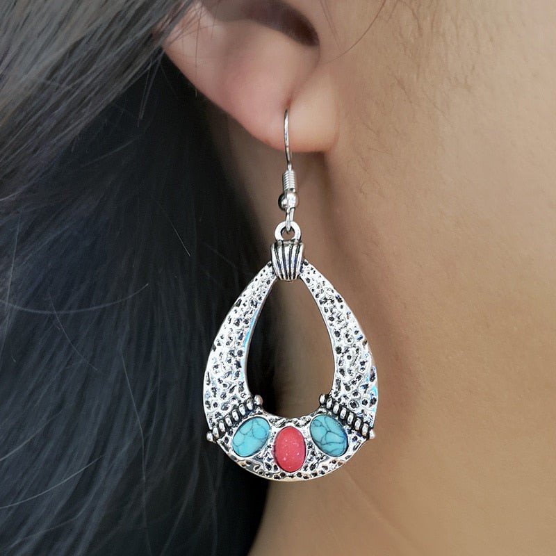 Retro turquoise ethnic earrings drop-shaped