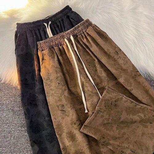 American Retro Corduroy Pants for Men, Versatile High Street Print Straight Leg Pants, Spring and Autumn Thin Wide Leg Sports Casual Pants
