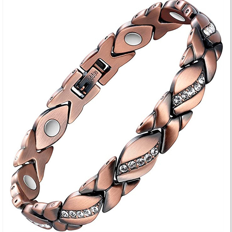 European and American Popular Antique Red Copper Inlaid Diamond Bracelet with Various Stones, Strong Magnetic Leaf-Shaped Magnet Health Bracelet, Direct Sales from the Manufacturer