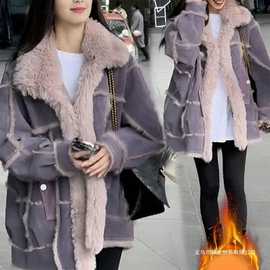 2025冬季新款时尚皮毛一体中长外套女冬装感加厚大衣秋冬