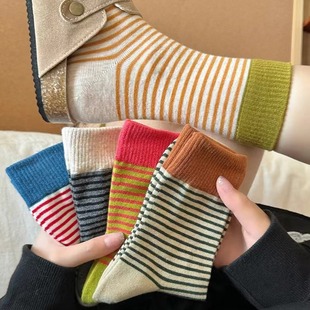 Korean Style Striped Socks Women's Spring and Autumn Cotton Mid-length Socks Ins Trendy Internet Popular Korean Style Stockings Women's Summer Thin