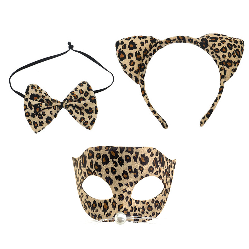 Amazon venta caliente leopardo cabello bandas mitad cara máscara set leopardo cabello bandas corbata maquillaje decoración de fiesta
