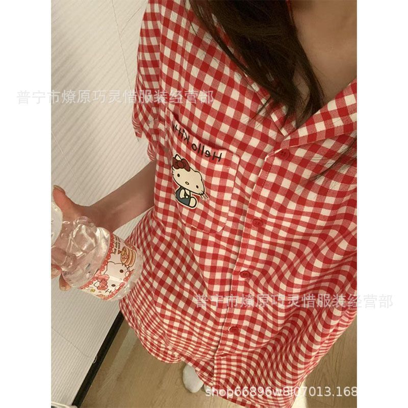 睡衣夏天女kitty猫格子云朵棉可外穿甜美可爱短袖短裤家居服套装