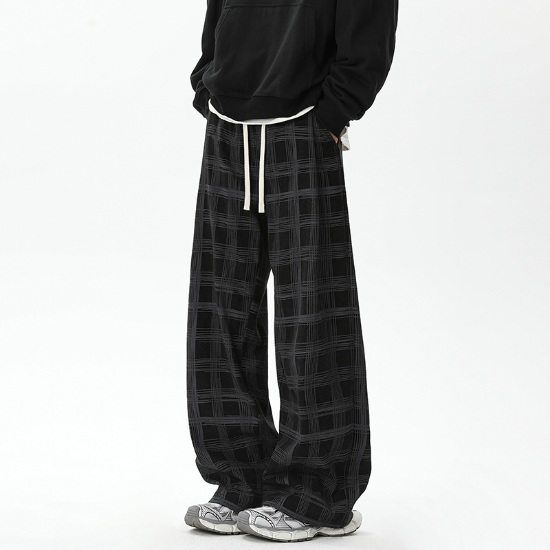 -style American Plaid Casual Pants For Men, Autumn Trendy Corduroy Loose-fit Plus-size Straight Wide-leg Trousers_voghion.com