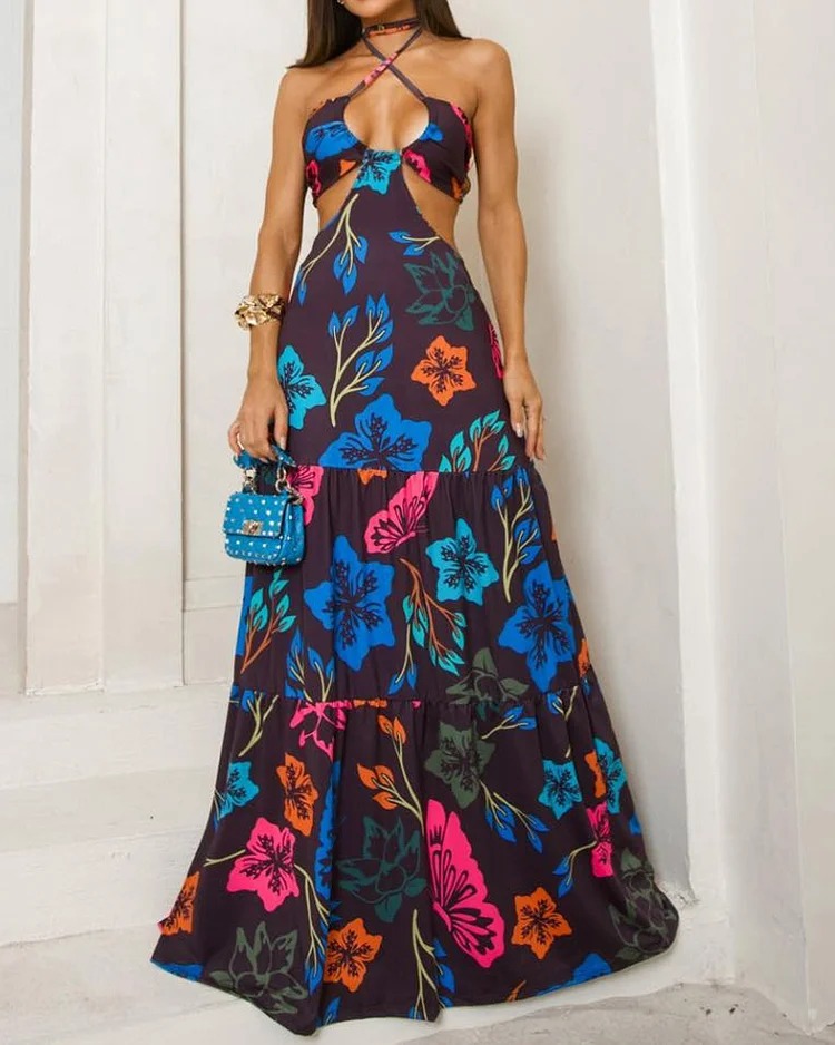Women's Strap Dress Sexy Halter Neck Printing Sleeveless Printing Maxi Long Dress Outdoor Party Beach display picture 1
