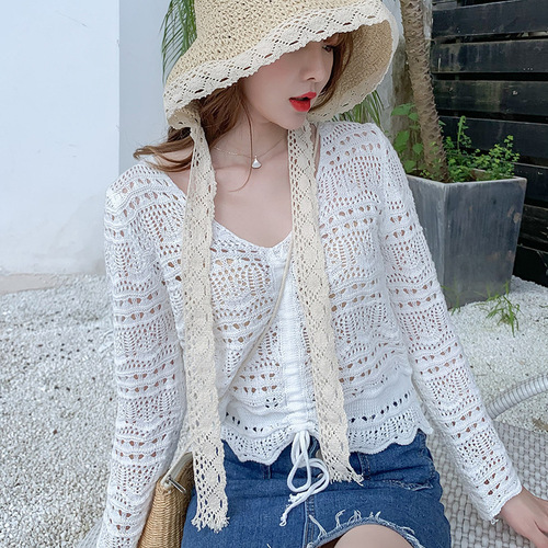 Influencer grass hat women summer lace tie beach hat fresh and simple seaside travel vacation sun protection sunshade hat strap