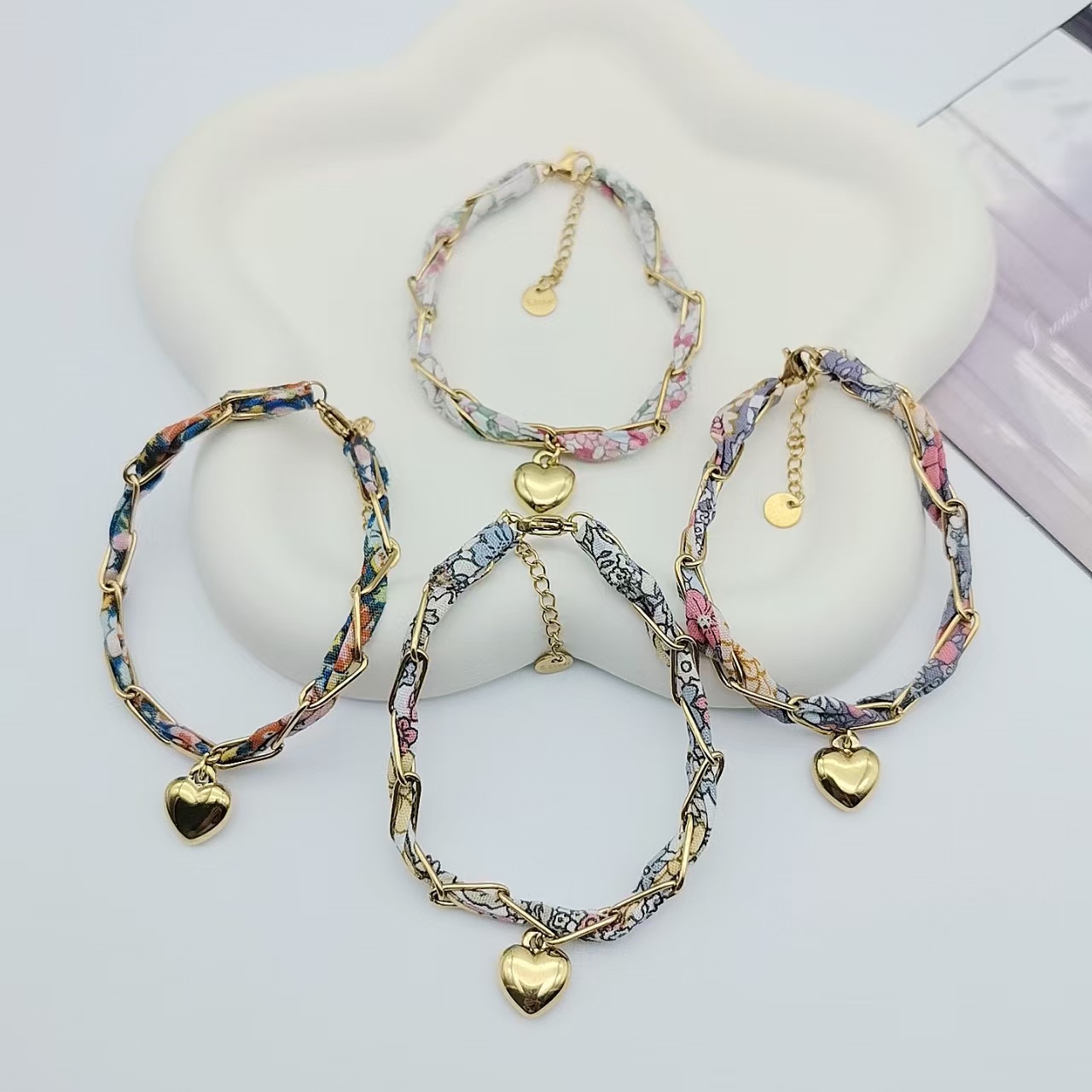 Lobster Trigger Clasp Closure Clasp Closure Type Bohemian Heart Shape Flower Bandana Cloth Titanium Steel Silk Scarf Cord Cord In Chain Lobster Trigger Clasp Closure String Bracelets Wholesale