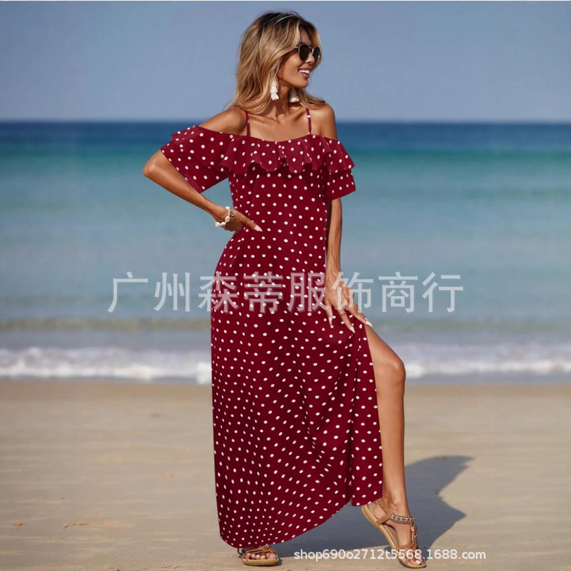 2025 Cross-Border Amazon European and American Summer Women's Fashion Slit Flower Print Cold Shoulder Dress