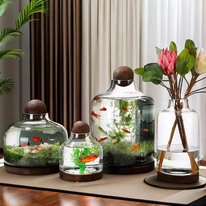 微景观生态瓶玻璃鱼缸创意DIY造景鱼虾水草缸日式木托桌面办公室