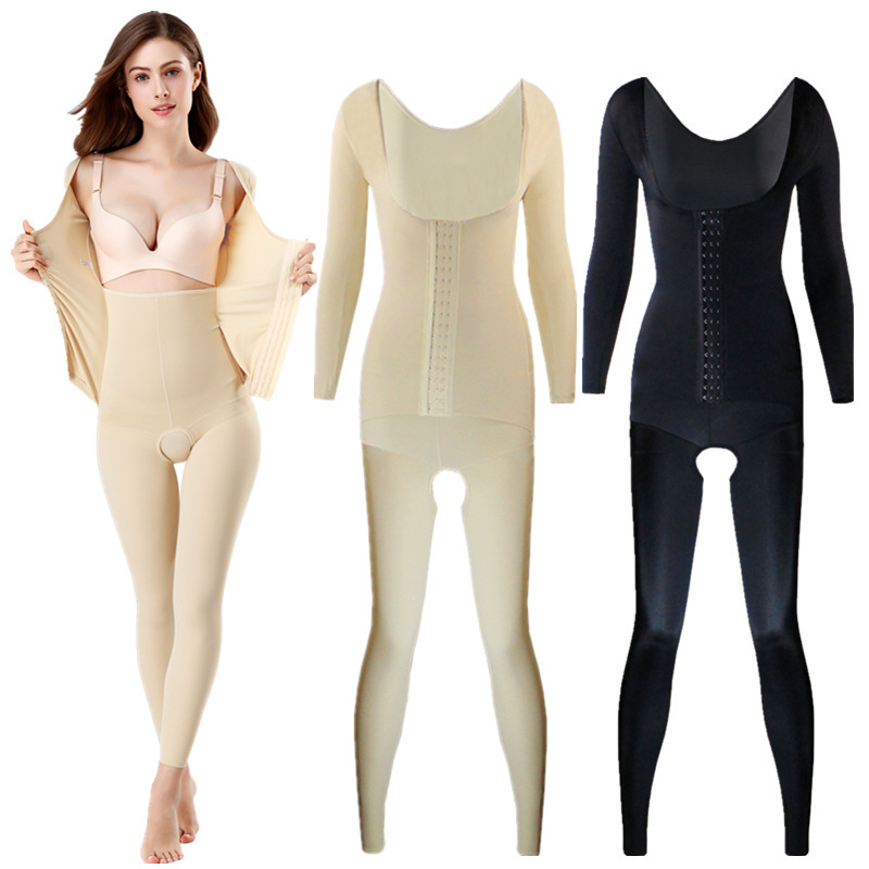 [Help one-piece delivery] long-sleeved trousers one-piece corset open crotch large U collar three breasted adjustable belly
