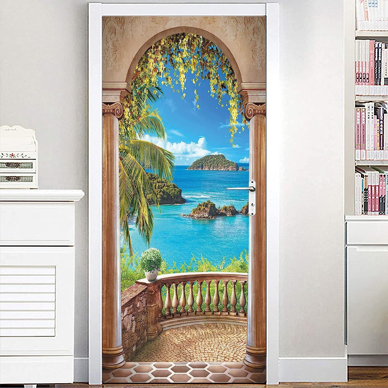 Adhesivo 3D para puerta con arco de balcón junto al mar, autoadhesivo, ideal para sala de estar, dormitorio y hogar._voghion.com