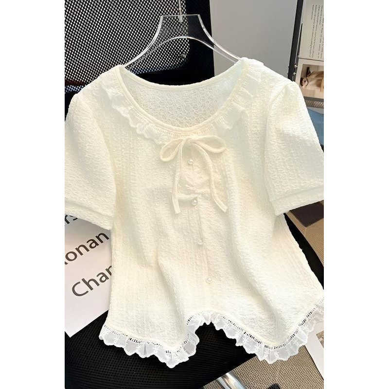 150kg Plus Size Women's Summer New Style Sweet Bow-Tie Short-Sleeved T-Shirt with Lace Splicing Design Top