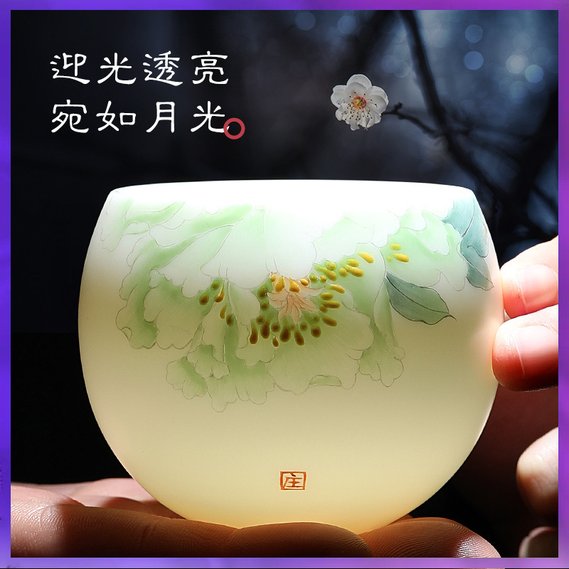 ✅大师级手绘羊脂玉白瓷主人杯陶瓷中式个人茶杯单杯女男士