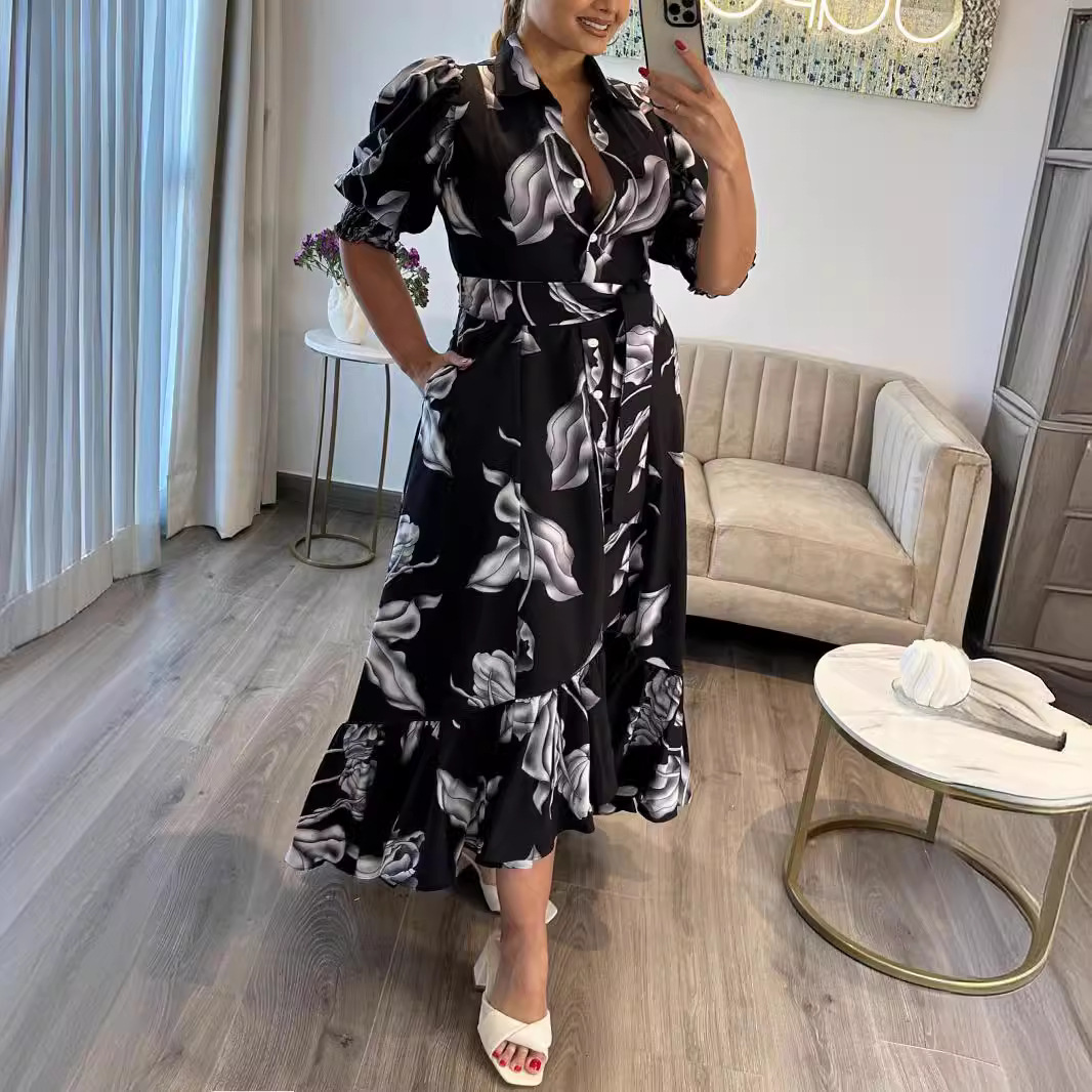 3010欧美跨境大码女装黑色气质都市丽人连衣裙开衫纽扣系带长裙