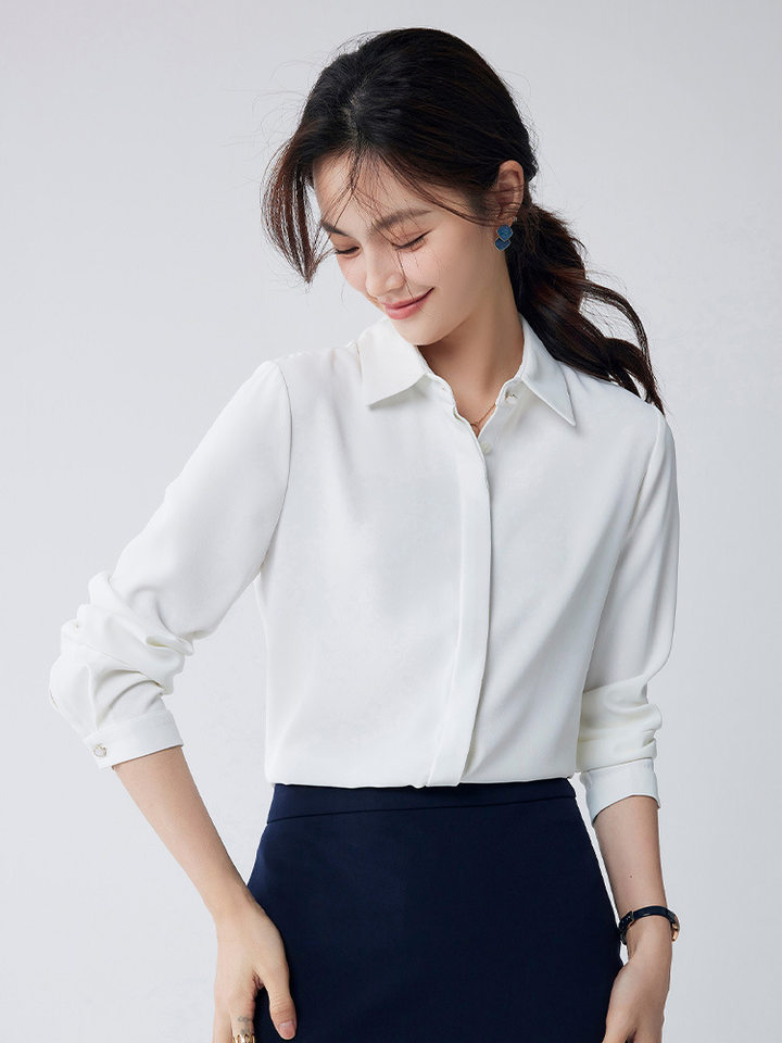 Áo sơ mi voan dài tay nữ cổ vuông, thiết kế chống lộ, phom rủ mềm mại — Trắng-dài tay-nữ