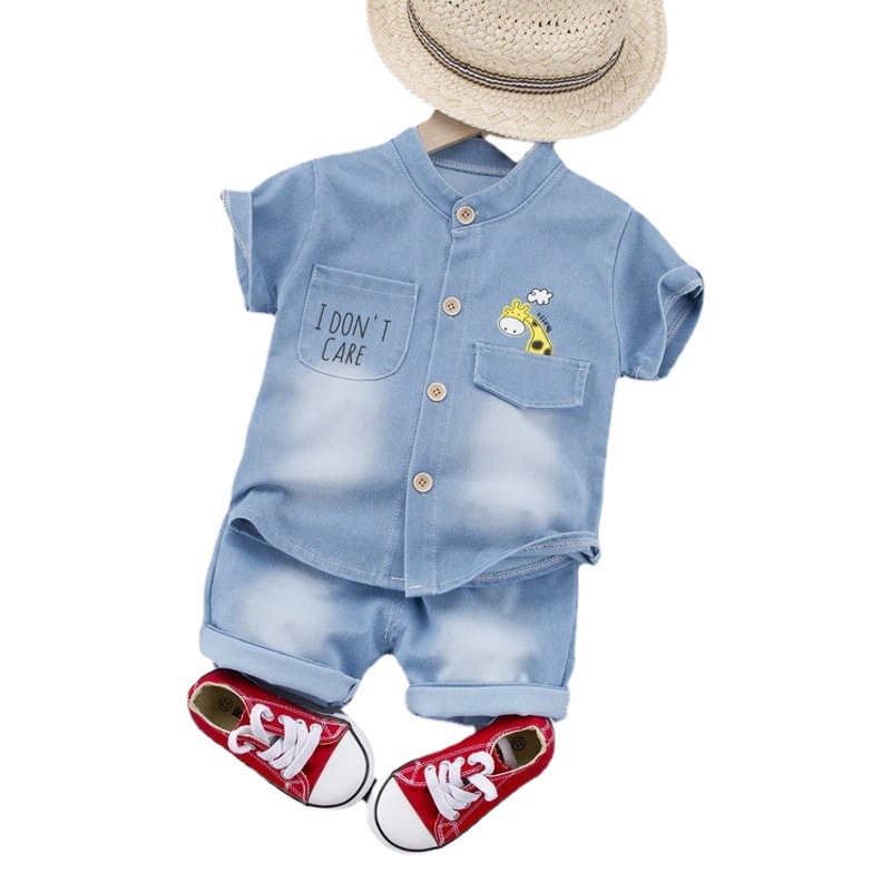 Children's denim short-sleeved suit boy 0-year-old shirt cartoon fawn shirt summer Boy Clothing cross-border
