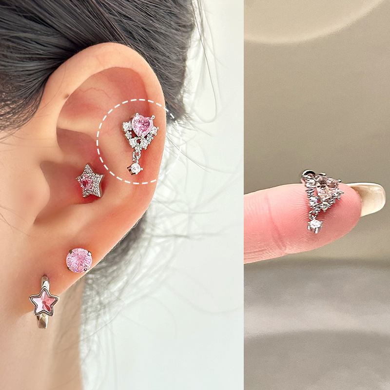 ピンク耳骨ネイルコレクション、ジルコン耳ネイル、医療用チタン鋼蝸牛ネイル、耳ピアス、耳骨ネイル、イヤリング、平底スパイラル|undefined