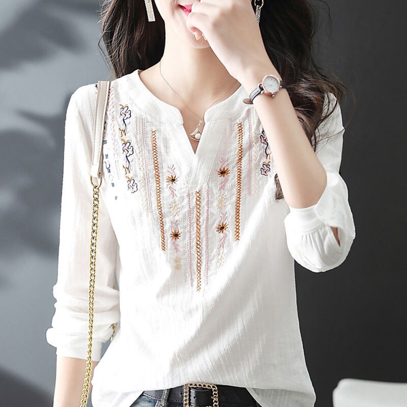 100 Cotton White Long Sleeve Shirt Women 2022 Spring and Autumn New Fashion Casual Embroidered Ethnic Style All-match V-neck