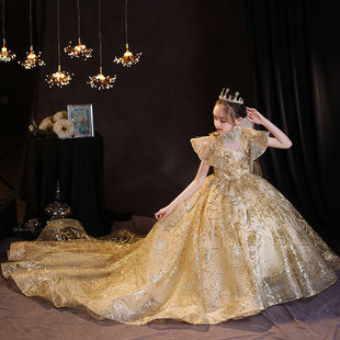 Children's Trailing Evening Dress 2025 Autumn New Princess Dress Flower Girl Runway Show Girls' Host Piano Performance Dress