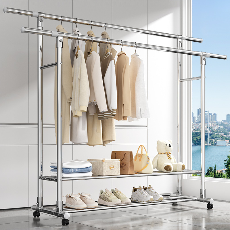 Stainless Steel Drying Rack Floor Household Balcony Double Rod Drying Rack Retractable Outdoor Drying Quilt Indoor Drying Rack