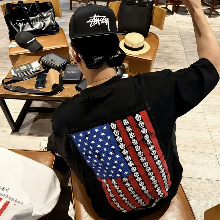 New Trendy American Flag Full-Back Print T-Shirt, Same Style as Internet Celebrities, Short-Sleeve Casual T-Shirt for Men and Women, Couple's Fashion Brand