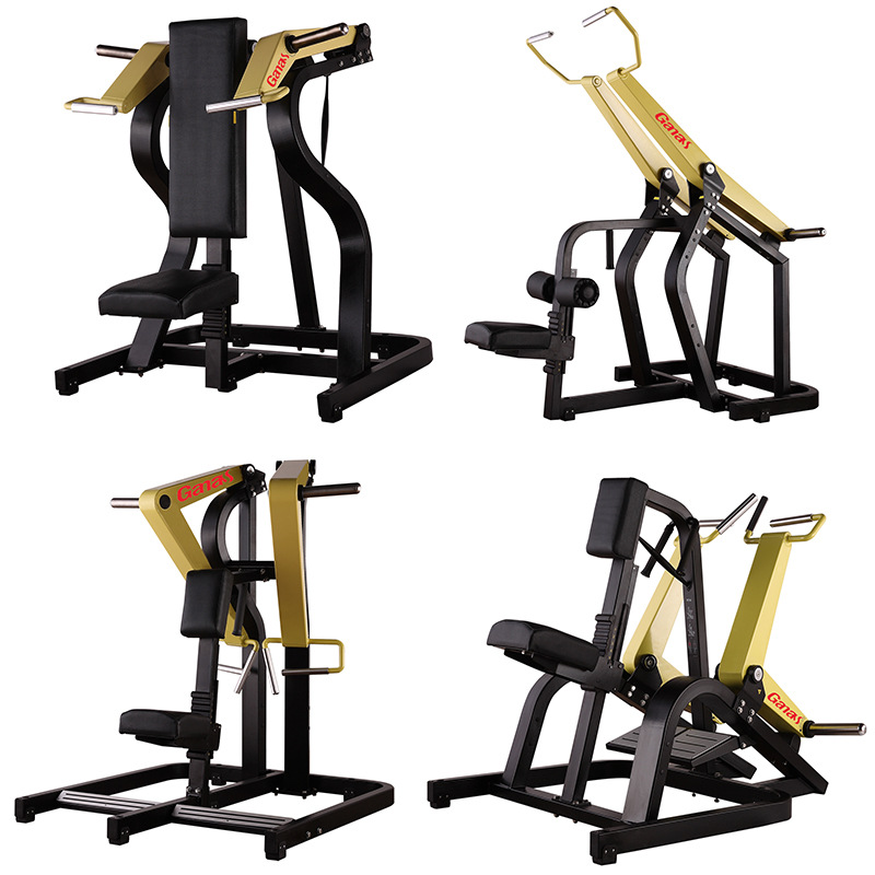 Equipo de gimnasio Bumblebee: máquina de press de pecho, polea de hombro, levantamiento de hombros en posición alta y baja, equipo de fuerza comercial completo.