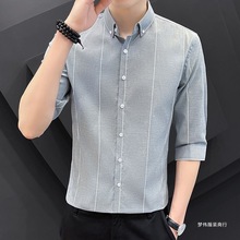 新款韩版男士七分袖衬衫夏季薄款潮流修身青少年学生帅气中袖梦伟