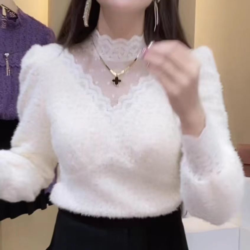 网纱拼接蕾丝打底衫女时髦洋气内搭小衫秋冬百搭加厚加绒保暖上衣