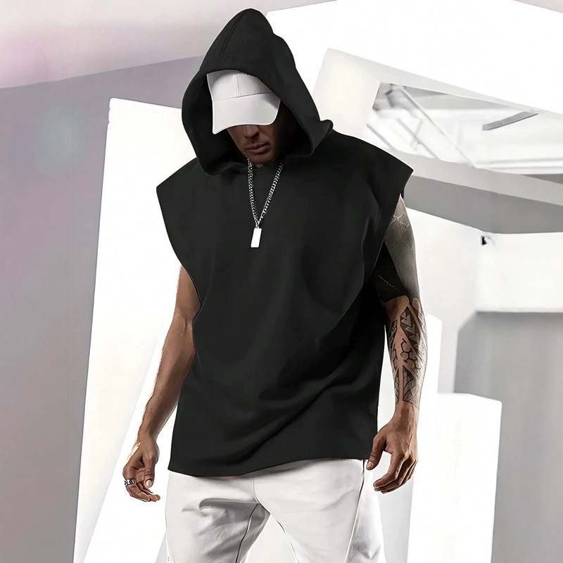 American street style solid color hooded sleeveless vest, men's loose-fitting sports hoodie, cross-border supply