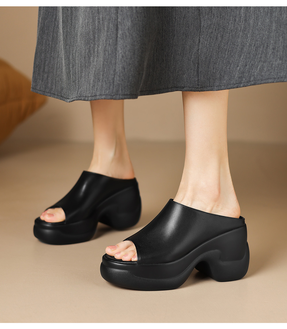 Sandal cao gót nữ đế dày 8,5 cm quai ngang da bò — đen chi tiết 7