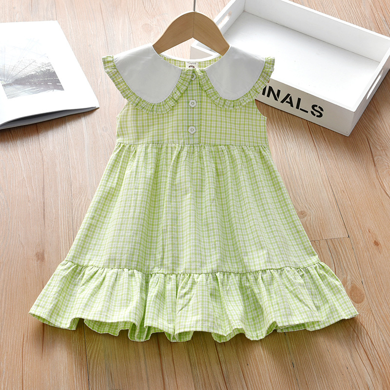 Children's Vest Dress Summer Style 2025 New Korean Style Summer Doll Collar Sleeveless Plaid Skirt Girls Dress