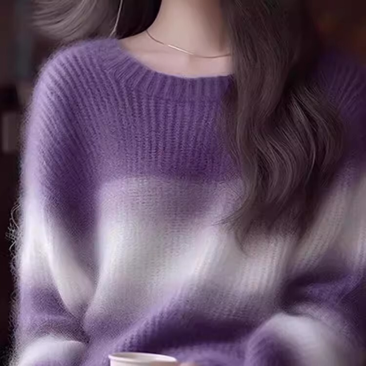 Super nice purple striped sweater women's autumn and winter new lazy style western style mohair soft waxy wool sweater