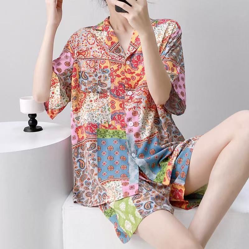 Cotton Silk Women's Pajamas Summer Thin Rayon Cartoon Short-sleeved Printed Suit Korean-style Outwear for Students Cotton Silk Women's Pajamas Summer Thin Rayon Cartoon Short-sleeved Printed Suit Korean-style Outwear for Students
