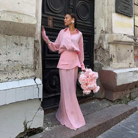 欧美2025秋季新款女装时尚气质翻领长袖衬衫纯色腰封半身裙三件套