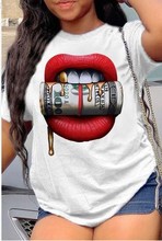夏季跨境个性红嘴唇咬美金印花T恤大码休闲女装一件代发