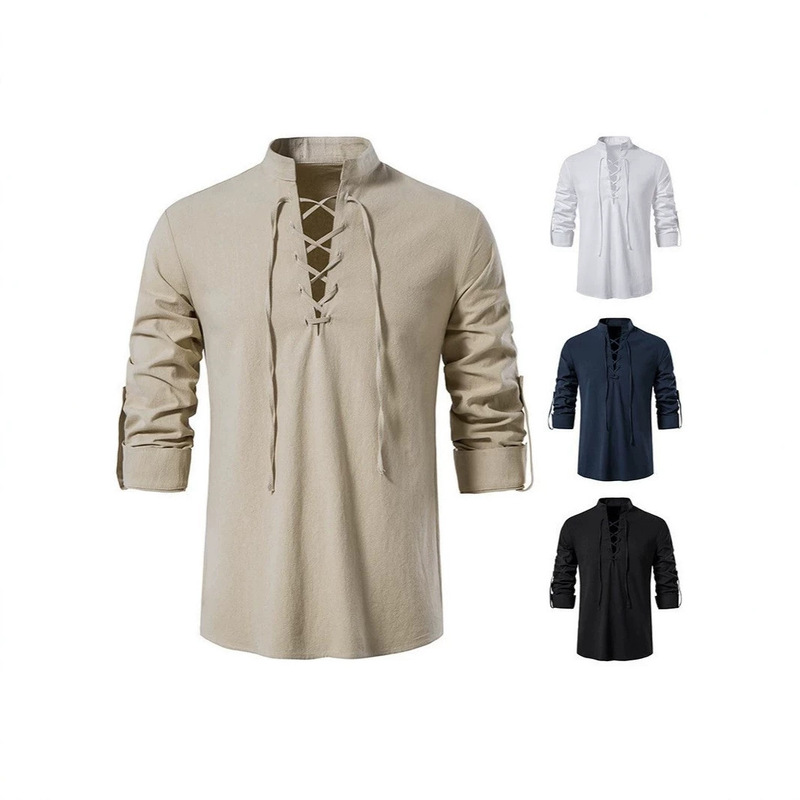 2026 Cross-Border Amazon Men's Cotton Linen Henley Shirt Casual Beach Stand Collar Long Sleeve Shirt Nylon Breathable 2026 Cross-Border Amazon Men's Cotton Linen Henley Shirt Casual Beach Stand Collar Long Sleeve Shirt Nylon Breathable