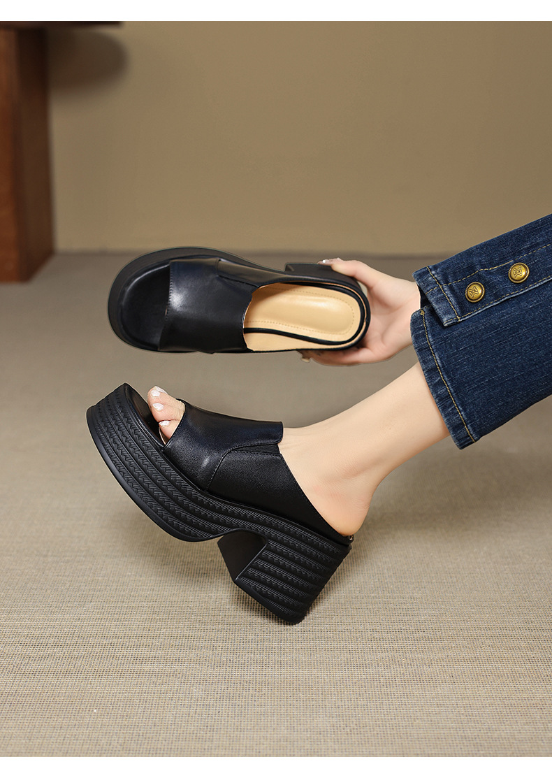 Sandal cao gót nữ quai ngang mũi hở đế platform gót vuông 9 cm — màu đen, màu mơ chi tiết 7